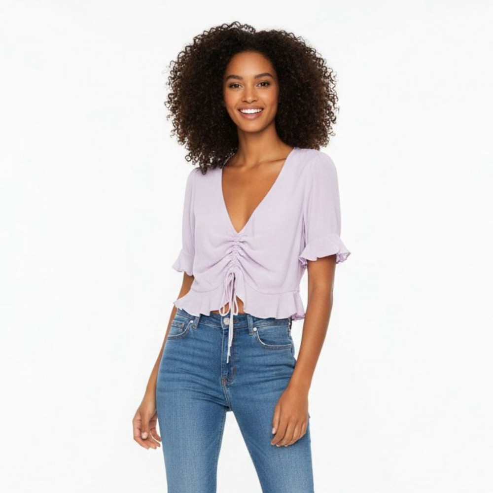 L'Academie Lucia Ruched Drawstring Purple Flutter Sleeve Top - Small